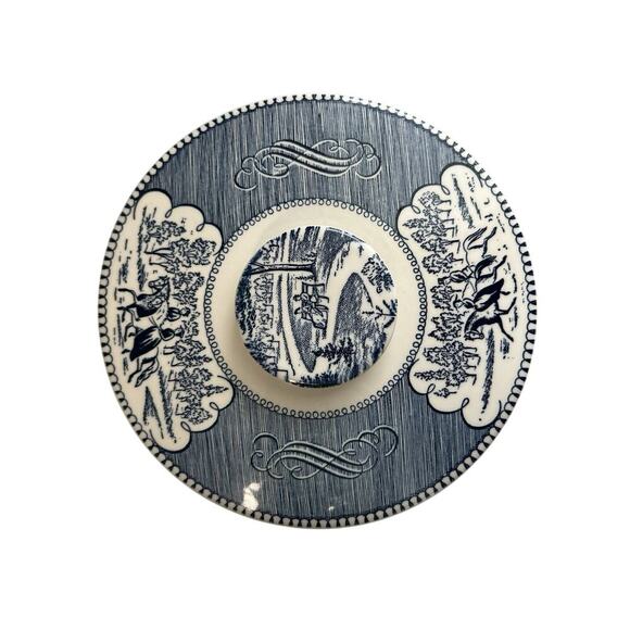 Vintage Royal Currier & Ives Blue White Ironstone Covered Casserole Dish Handles - Picture 6 of 14